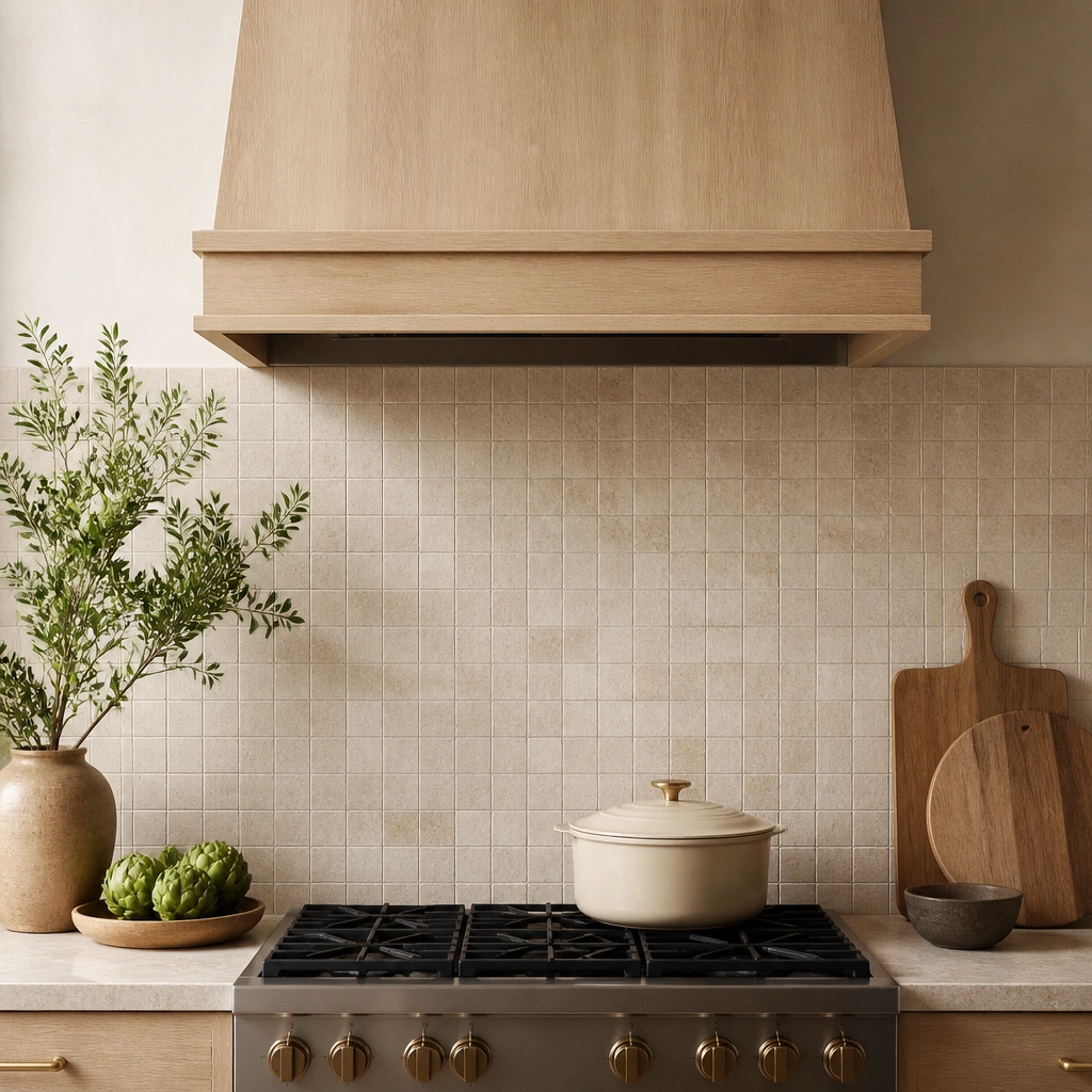 Backsplash made of small beige tiles with a slight speckle and soft texture behind a light wood range hood.