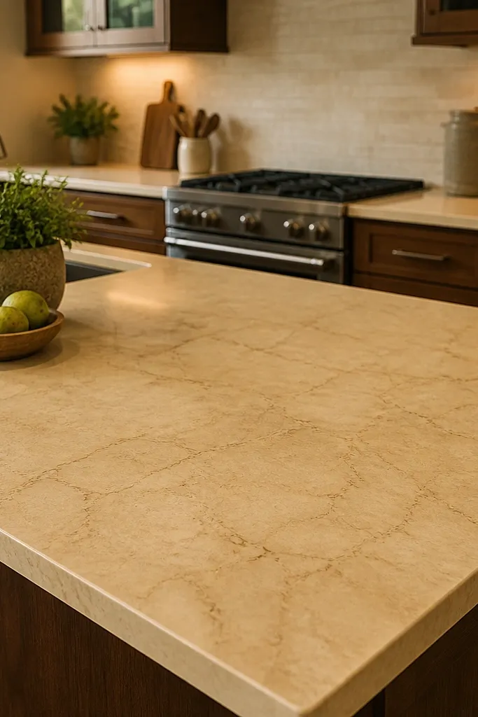 Kitchen countertop in warm beige with faint veining, light wood floating shelves above, and a simple neutral utensil crock.