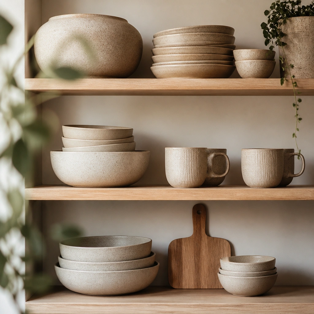 Open shelves in light wood displaying stacked beige stoneware bowls, a few textured mugs, and a small wooden cutting board.