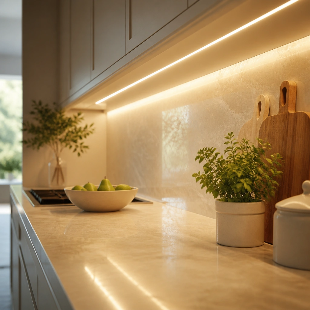Under-cabinet LED strips glowing warm yellow over a beige countertop; the cabinet bottoms look softly lit without harsh glare.