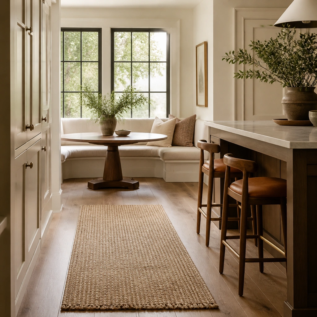 Dining nook in a kitchen with a woven beige runner on the floor and two wood bar stools with warm-toned seats.