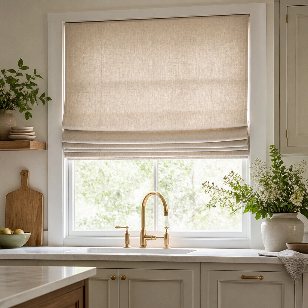 Window over the sink dressed with oatmeal-beige Roman shades; the fabric has a subtle texture and soft folds.