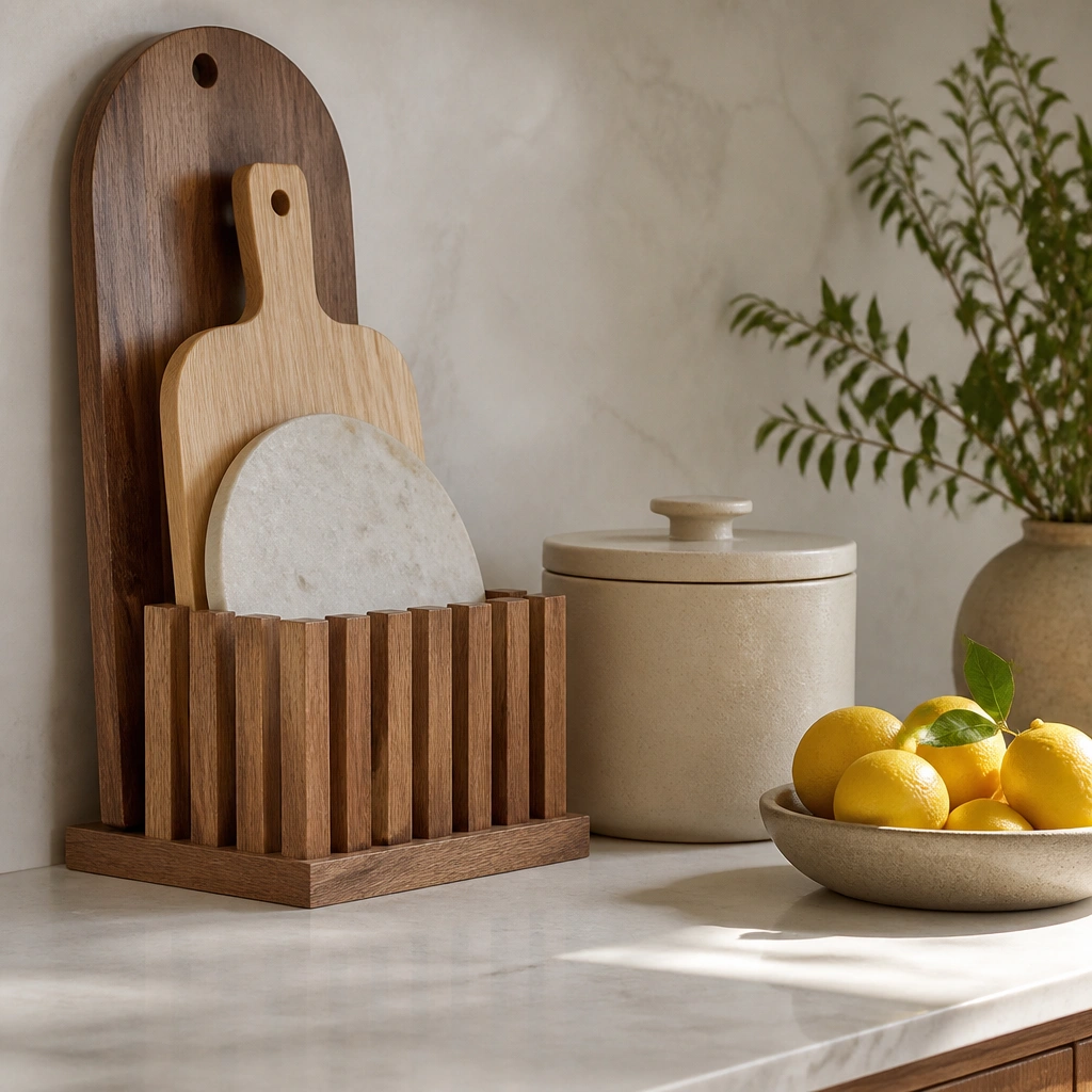 Countertop styling with a vertical wood rack holding cutting boards, a beige ceramic canister, and a small bowl of lemons.
