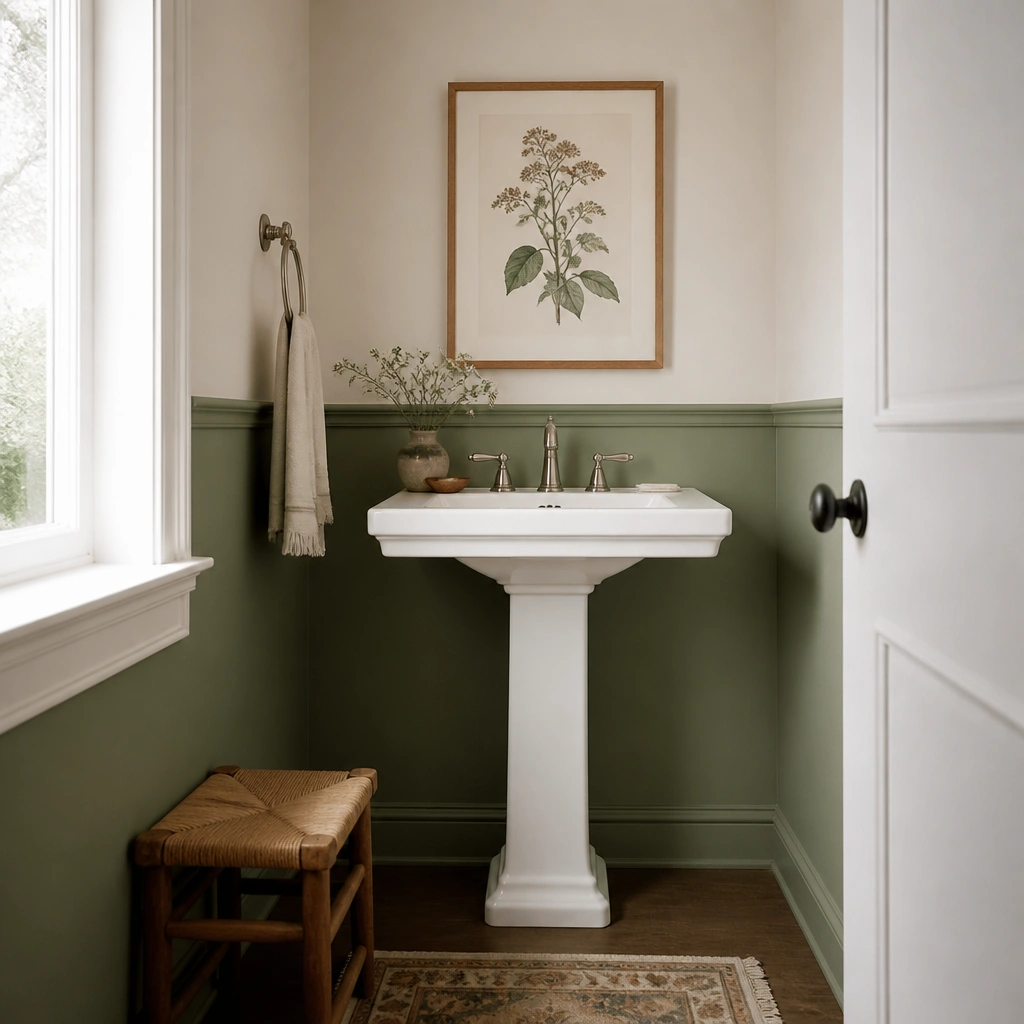 A small bathroom with sage green paint on the lower half of the walls, warm white upper walls, and crisp white trim. A white pedestal sink sits against the wall with a framed botanical print above it.