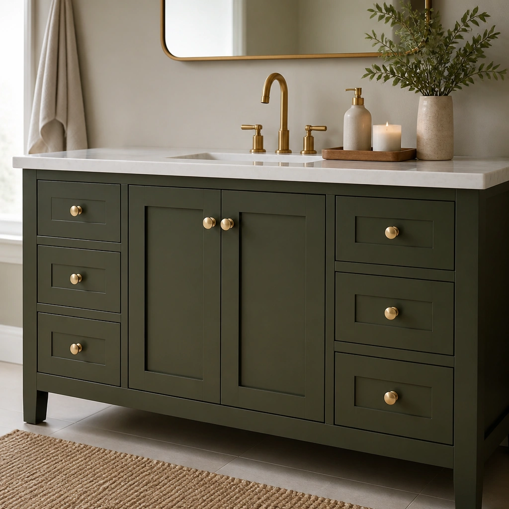 A dark-wood bathroom vanity painted moss green with a matte finish. New warm brass knobs and a matching faucet accent the vanity, with a white countertop and a small tray holding a soap dispenser and candle.
