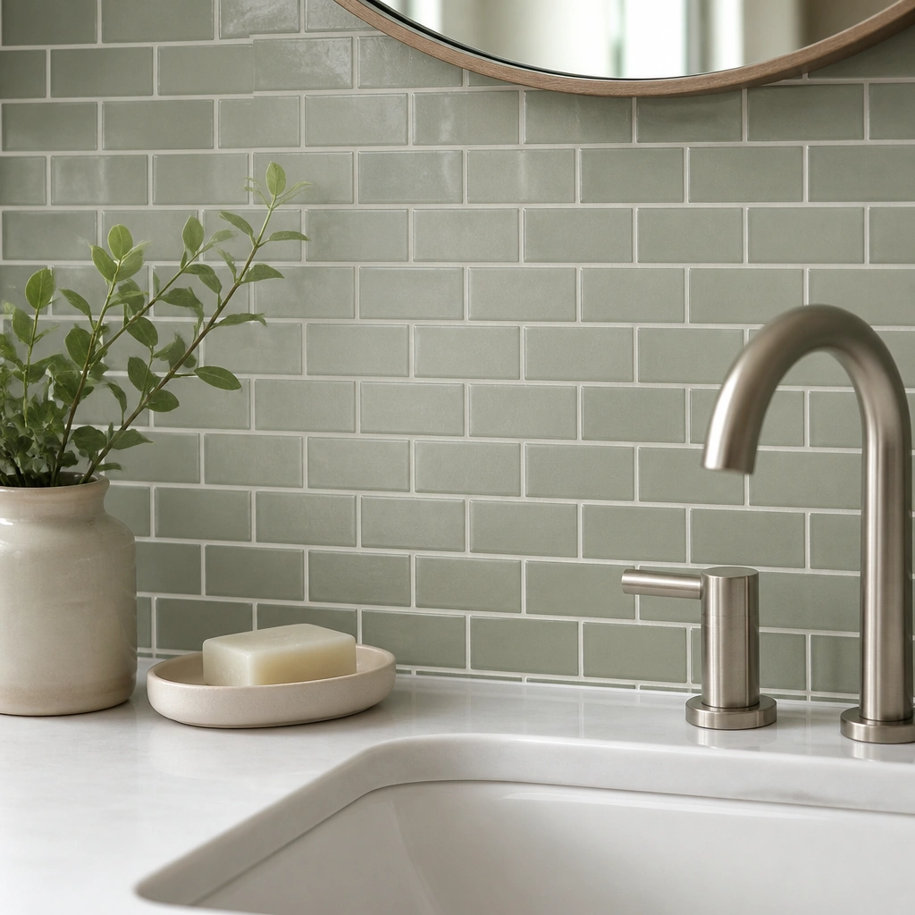 Close-up of a bathroom backsplash behind a sink made of small peel-and-stick tiles in muted green tones. The tiles have a subtle matte texture and line up neatly with white caulk-like grout lines.