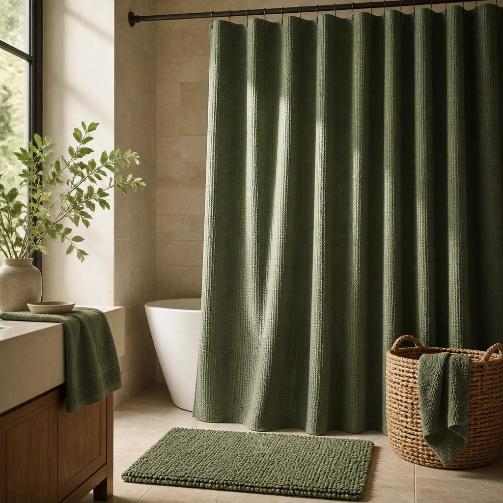 A shower area with a textured green shower curtain in a deep sage shade. A matching bath mat and a woven basket sit nearby, with warm light reflecting softly on the curtain’s fabric.