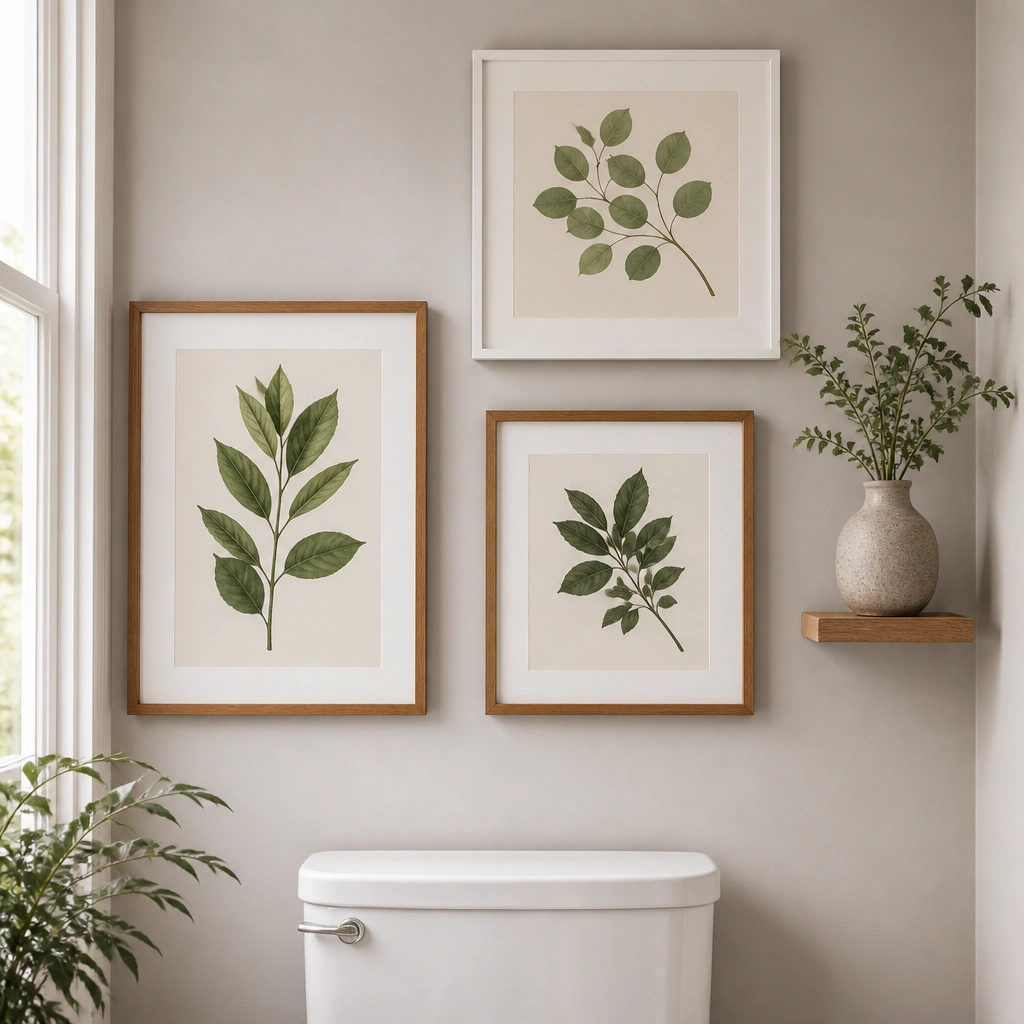 A gallery wall above a toilet with three framed botanical prints featuring green leaves on cream backgrounds. The frames are in a mix of warm wood and white, and there’s a small floating shelf holding a ceramic vase.