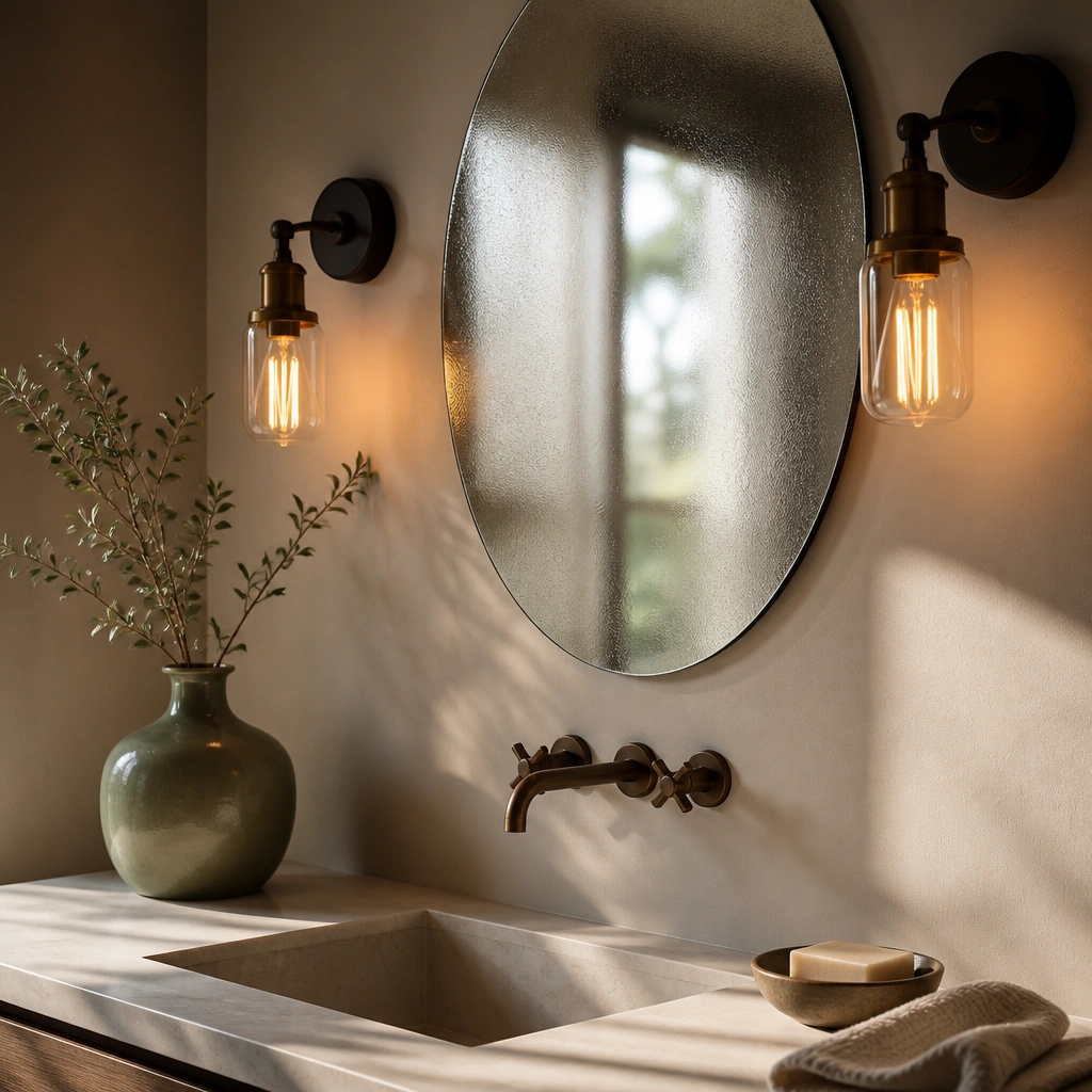 A bathroom vanity light with warm amber-toned bulbs. A small green ceramic vase and a frosted glass mirror create a soft glow, with shadows falling gently on the wall.