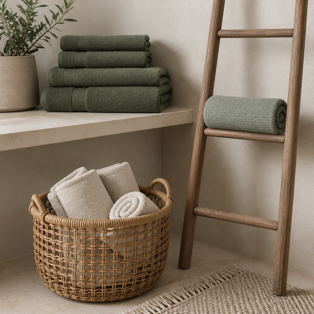 A small corner with a woven rattan basket holding extra towels. Green folded towels sit on a shelf, and a wooden ladder-like rack holds a single rolled towel in eucalyptus tones.