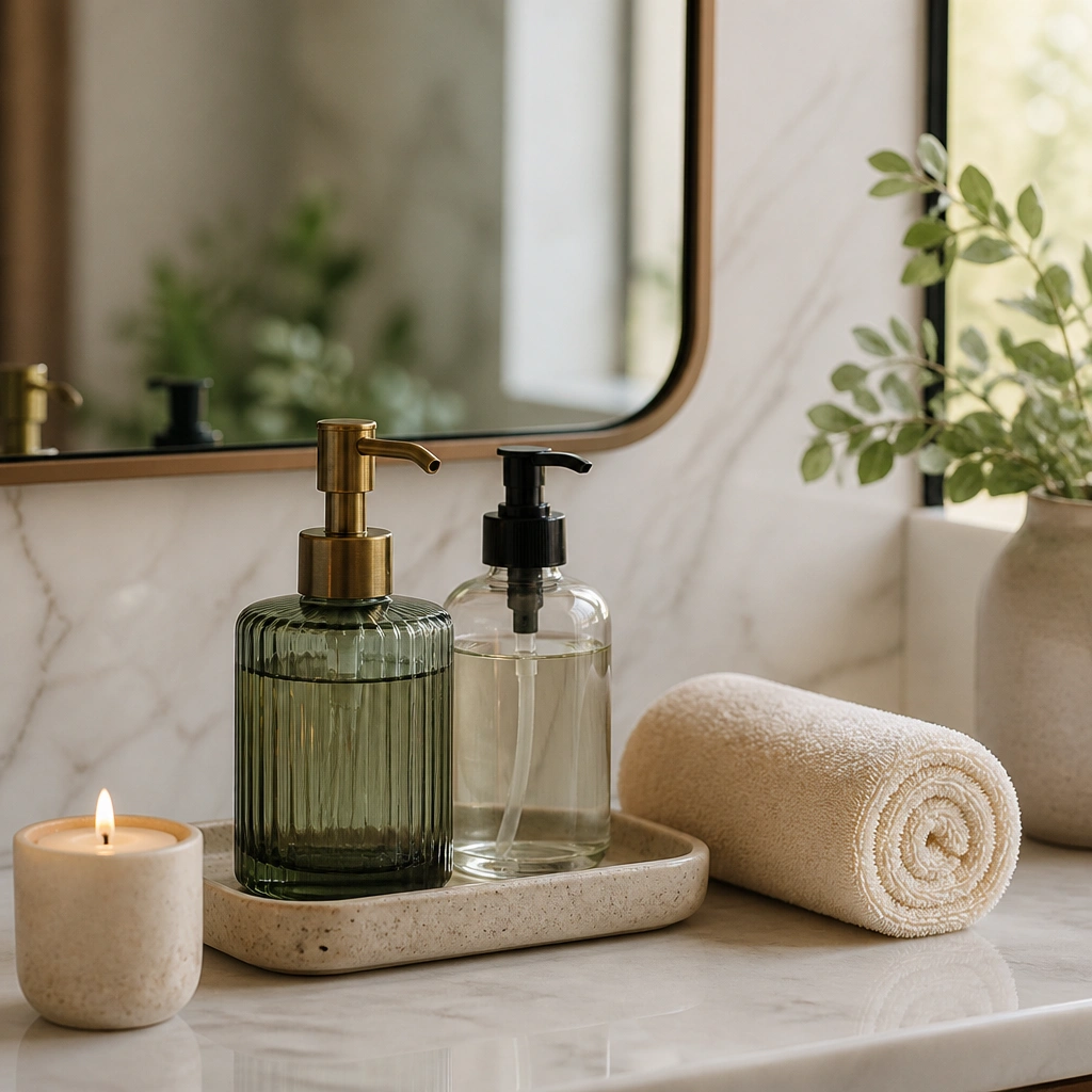 A vanity countertop styled with a green glass soap dispenser, a clear pump bottle, and a small stoneware tray. A rolled hand towel in warm cream sits beside the items, and a compact candle is nearby.
