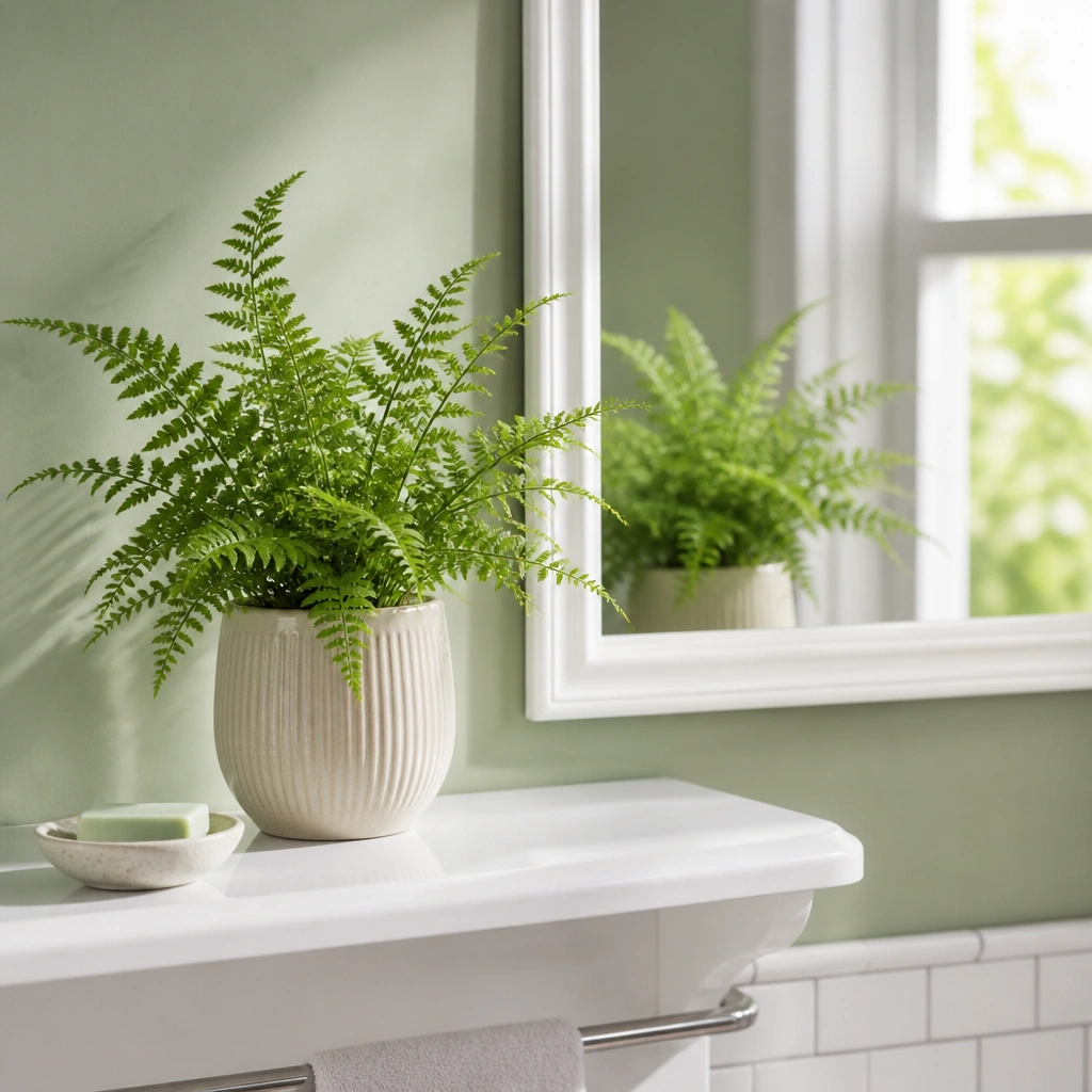 A bright bathroom shelf holding a small fern in a cream pot. Behind it, the wall has a soft green tone, and a white framed mirror reflects the plant and natural light.