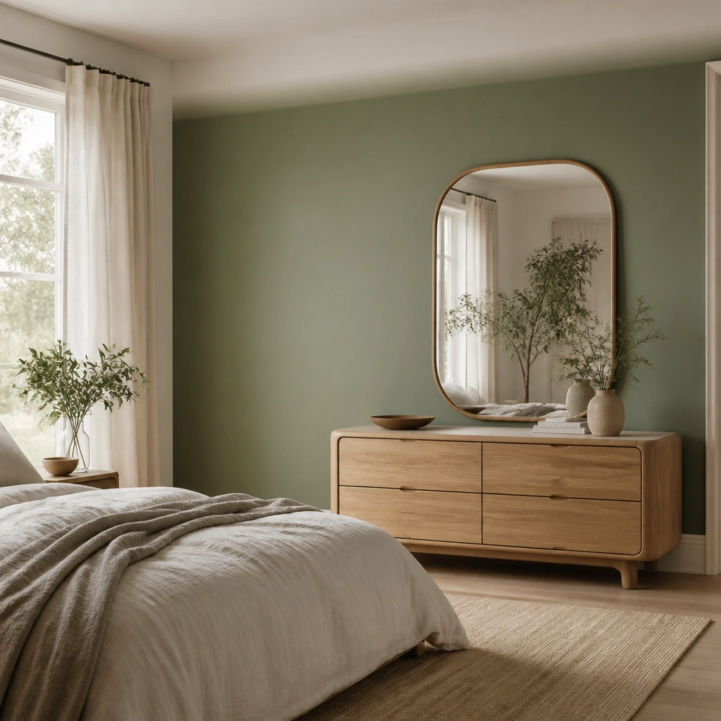 One wall painted matte muted green with a lighter green/white ‘soft corner’ effect near the ceiling. A rounded mirror and a light wood vanity add warmth, and the floor is kept simple with a neutral rug.