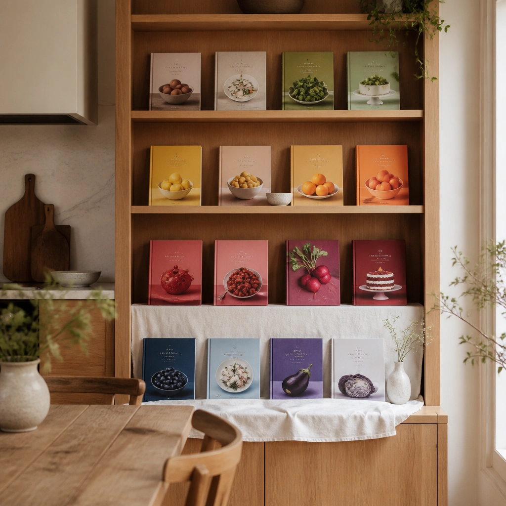 A kitchen-dining bookshelf with a warm light-wood frame. Cookbooks are displayed with their covers facing outward, grouped by color. Soft white linen covers a lower display area like a gentle backdrop, and a small ceramic bowl sits on the second shelf.