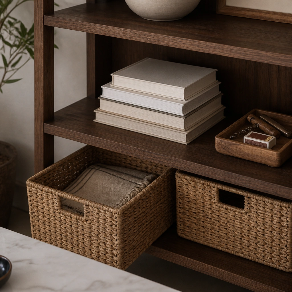 A dark walnut shelf with a tidy stack of books on the middle. Two woven baskets sit on the lower shelf, one partially pulled forward. A small wooden tray holds kitchen tools like a corkscrew and matches.