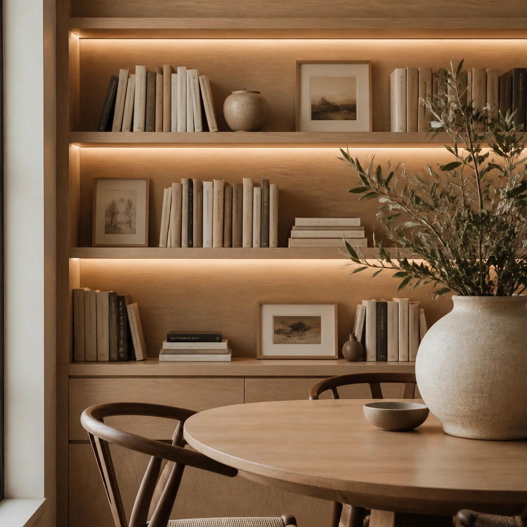 A light oak book shelf in a dining nook. Warm white LED strip lighting runs under the shelves, creating a gentle glow around the edges of books. Small framed prints and a ceramic vase sit between stacks.