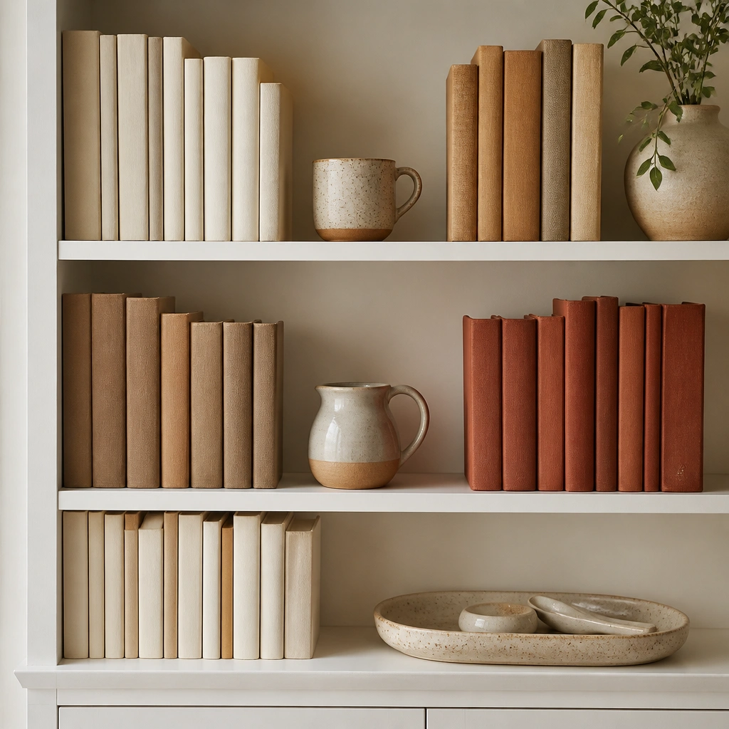 A white-painted shelving unit with three shelves. Books are arranged in warm neutral blocks: cream, tan, and muted rust. Between them are small ceramic pieces - a speckled mug, a mini pitcher, and a tray with a spoon rest.