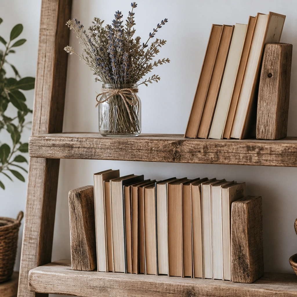 A rustic wooden shelf with ladder-style book stacks. Two handmade-looking wood bookends hold books upright. A thin twine bow is tied around a small bundle of dried herbs in a glass jar on the top shelf.
