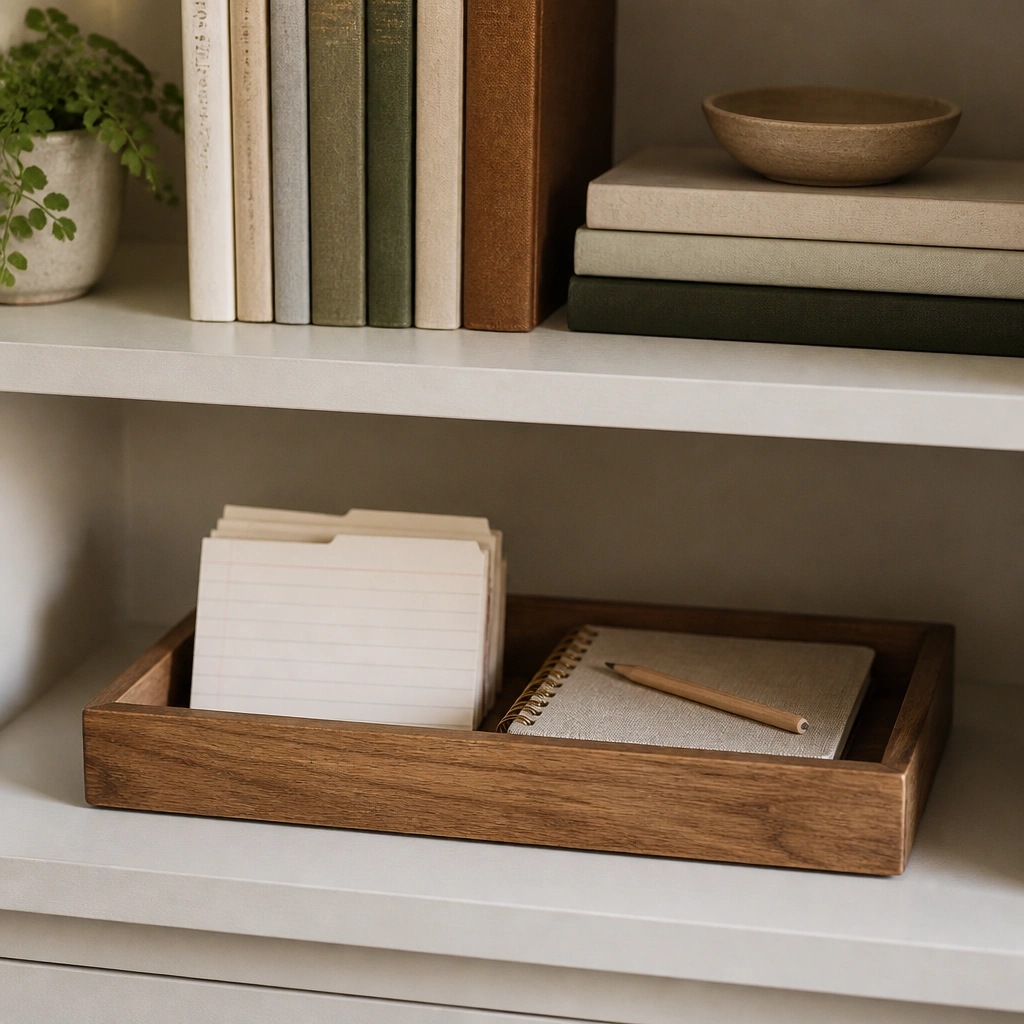 A shelf with a shallow wooden tray resting on the lower level. Inside the tray are neatly stacked recipe cards, a small notebook, and a pencil. Above it, books are arranged upright with one horizontal stack for contrast.