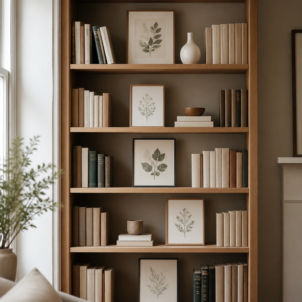 A tall bookshelf with framed art placed between book groupings. The frames are simple wood or thin black, and the prints feature soft botanical illustrations. A small white vase sits near the top shelf.
