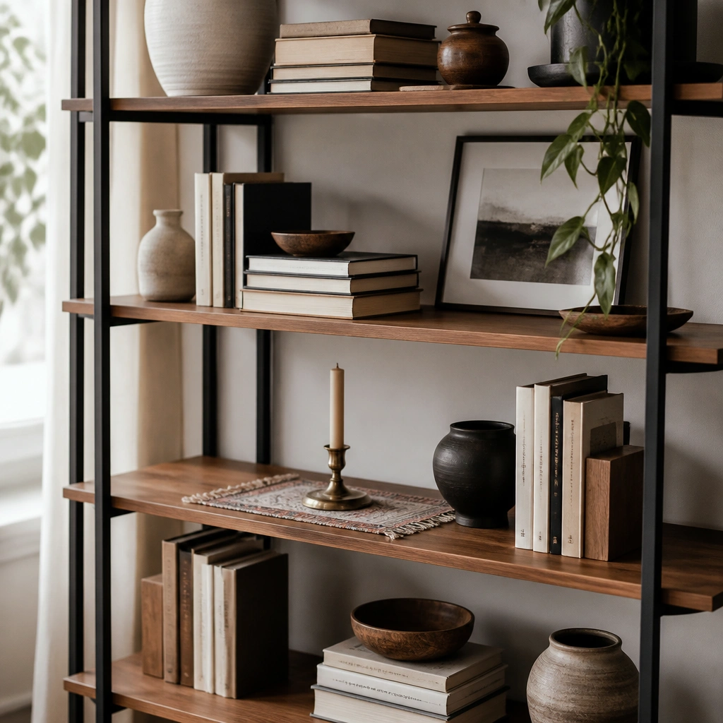 A modern shelf with matte black metal supports and warm wood shelves. Books are stacked with alternating orientations: some upright, some laid flat. A brass-toned candle holder sits on a small runner cloth.