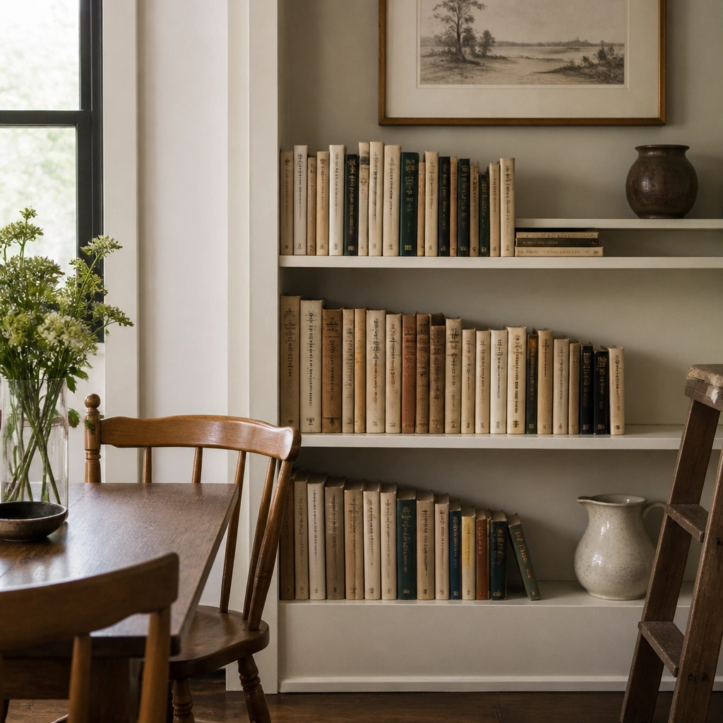 A cozy dining corner with a bookshelf. A small wooden step stool is styled leaning against the shelf, partially visible. Books are arranged in three heights, with a framed print above and a ceramic pitcher on the lower shelf.