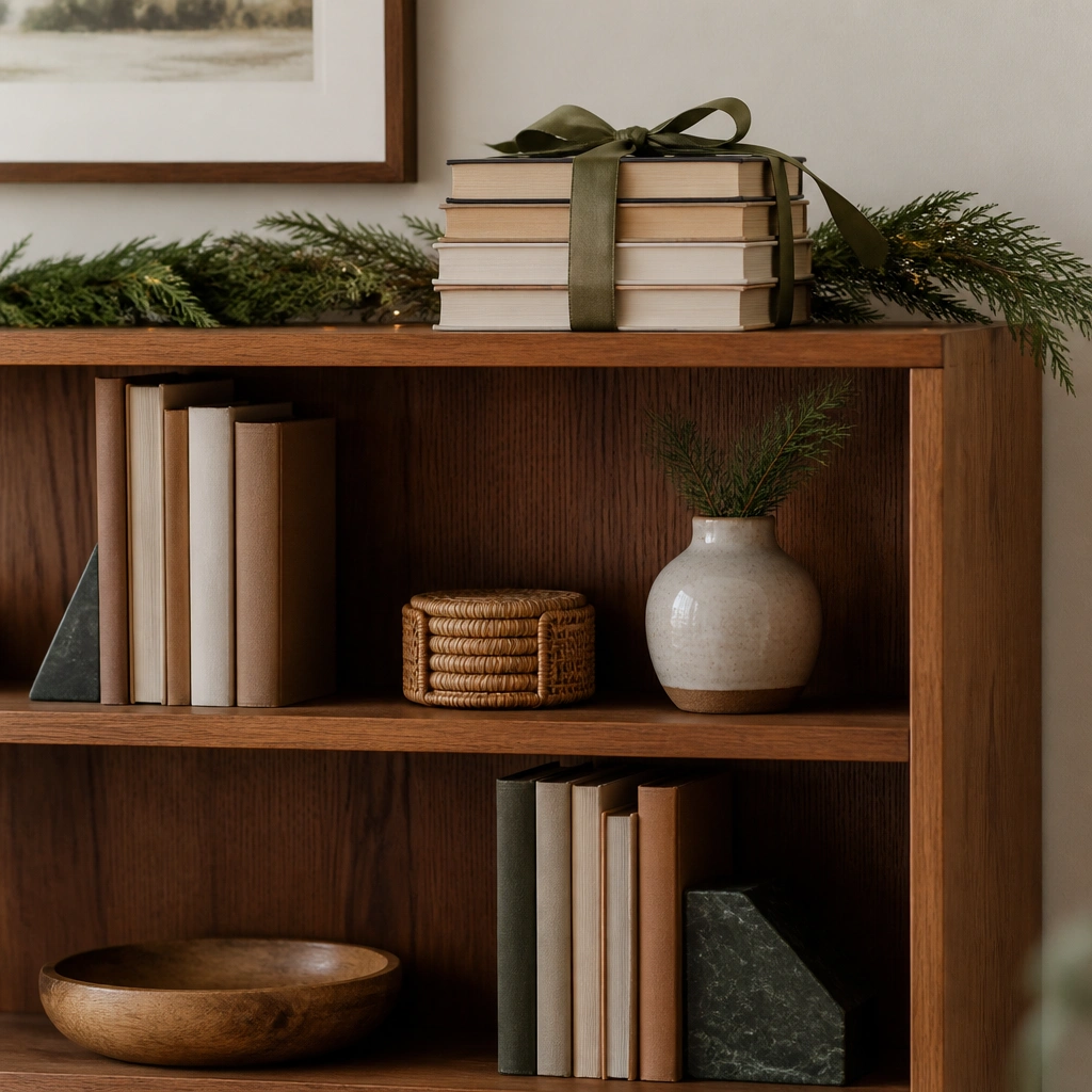 A warm wood bookshelf with a subtle garland draped along the back edge. On top, a small stack of books is wrapped with a ribbon. The middle shelf includes a woven coaster set and a ceramic vase.