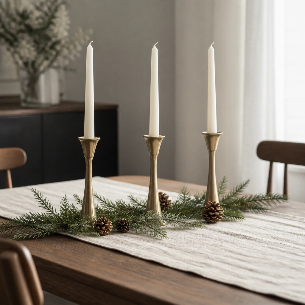 A cream linen table runner across a dining table with three tapered brass candleholders spaced evenly, surrounded by fresh evergreen sprigs and small pinecones.
