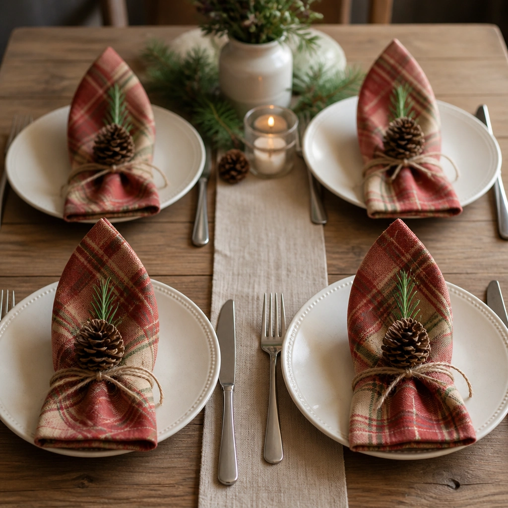 Four place settings with cream plates, warm red plaid napkins folded upright, each tied with twine and topped with a single pinecone and a tiny sprig of rosemary.