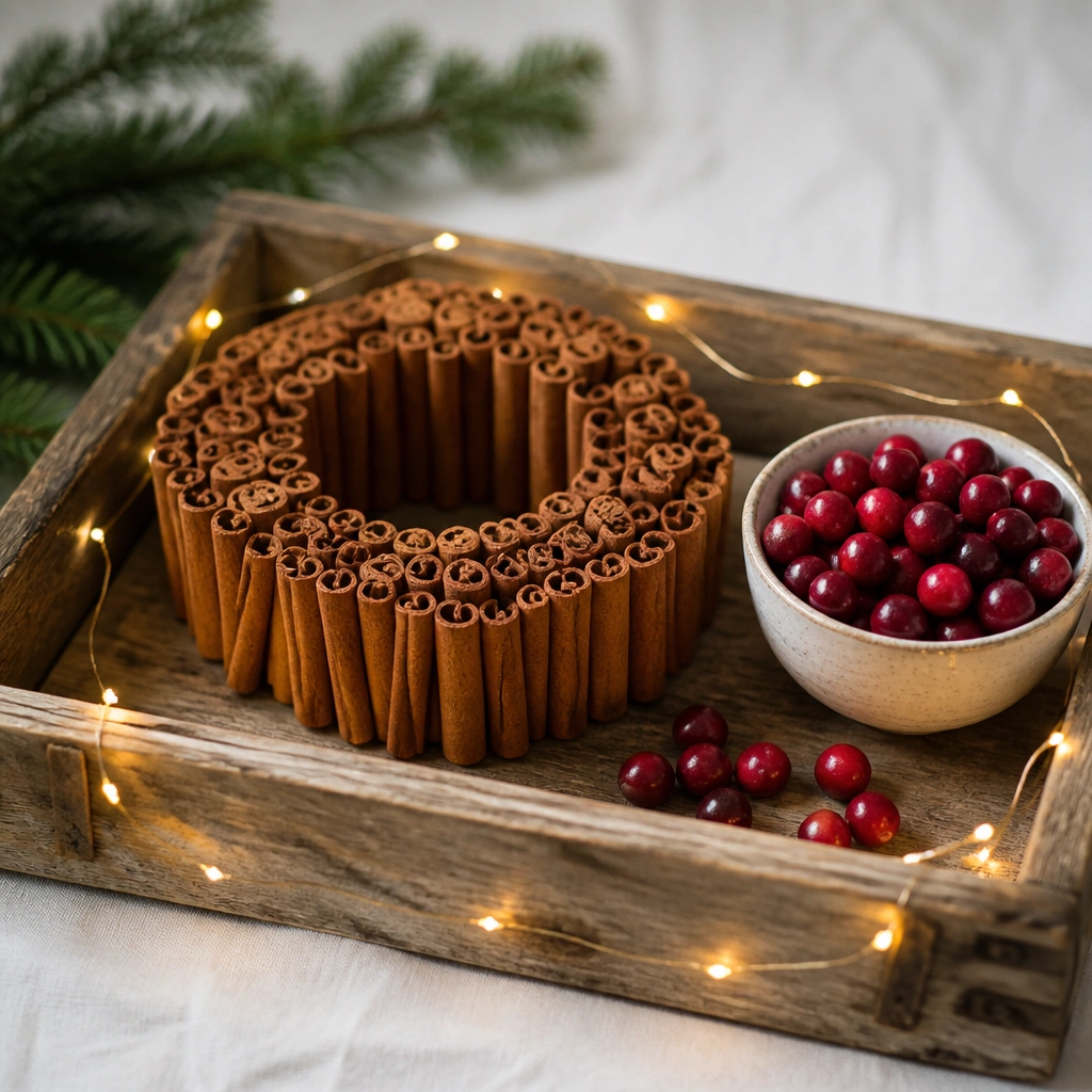 A rectangular reclaimed-wood tray holding a ring of cinnamon sticks, a small bowl of cranberries, and warm white fairy lights wrapped around the tray edges.
