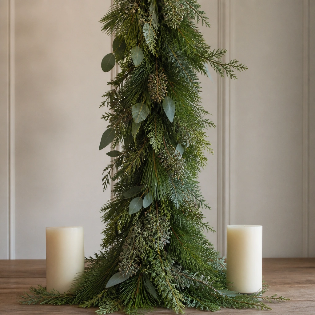 A vertical-looking centerpiece: a column of mixed evergreen garland draped and gathered, with two unscented cream pillar candles sitting on either side.