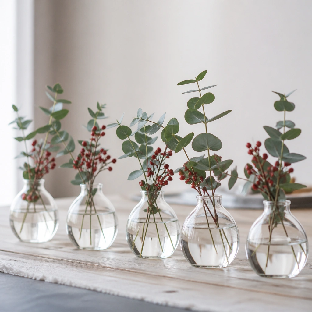 A row of small clear glass bud vases on a table, each filled with water and holding eucalyptus leaves and a few red berry stems.