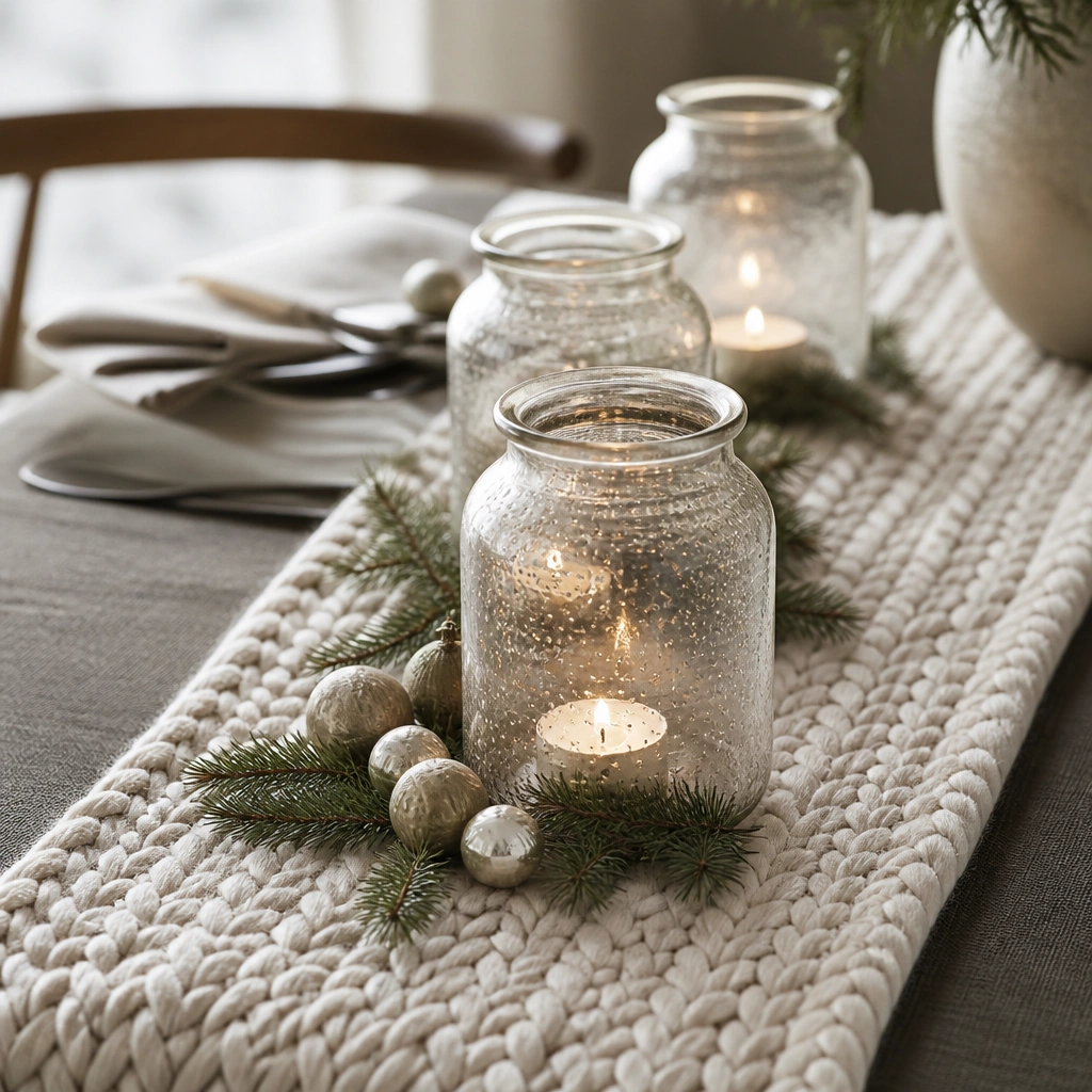 A chunky knit cream runner layered over a darker neutral tablecloth, with glass luminary jars holding tea lights and a few small ornaments tucked along the runner edge.
