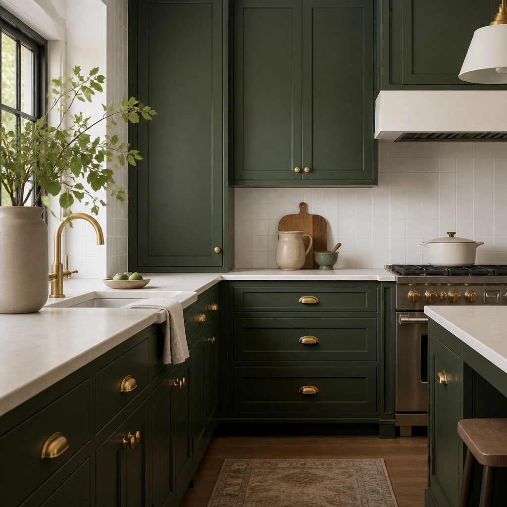 Kitchen cabinets painted a deep hunter green with warm burnished brass pulls and knobs, paired with a light cream countertop and a simple white backsplash.