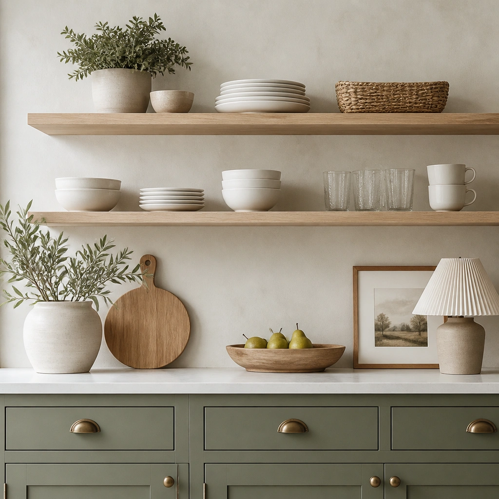 Open shelves in light oak above a sage green cabinet base, with neatly arranged white dishes and a small woven basket on the shelf.