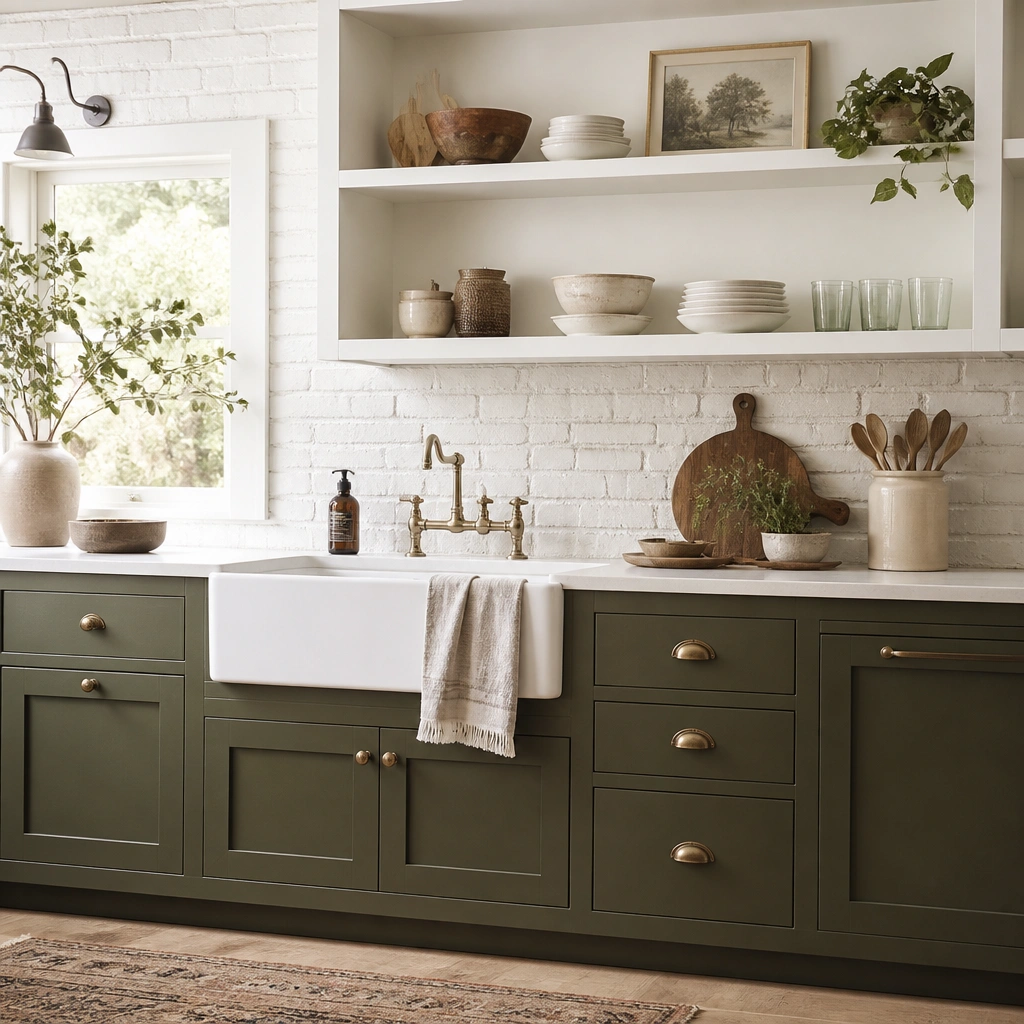 Olive green lower cabinets with open upper cabinets in white, a whitewashed brick backsplash, and a farmhouse-style sink in white.