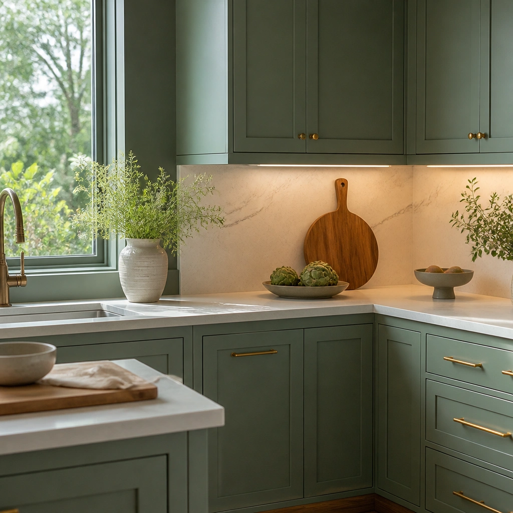 Fern green painted cabinets with clean shaker lines, a creamy quartz countertop with subtle veining, and soft under-cabinet lighting.
