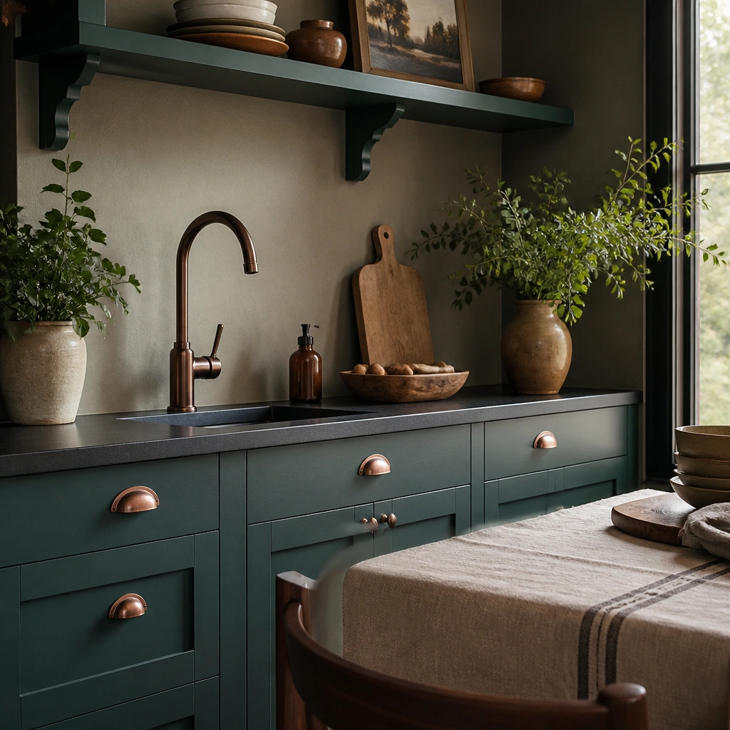 Deep warm teal-green cabinetry with antique copper cup pulls, a dark bronze faucet, and a cozy corner with a linen runner.
