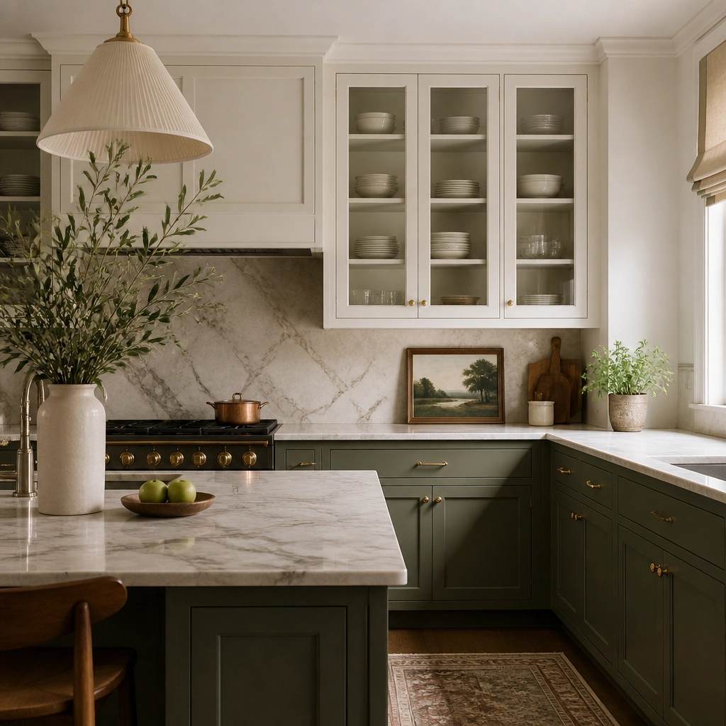 Two-tone kitchen with muted olive lower cabinets and warm white upper cabinets, glass-front doors, and small brass knobs.
