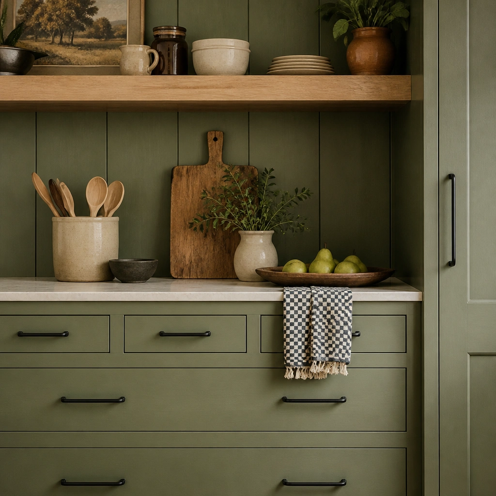 Vintage green cabinetry with matte black bar pulls, a light wood floating shelf, and a black-and-white patterned dish towel.