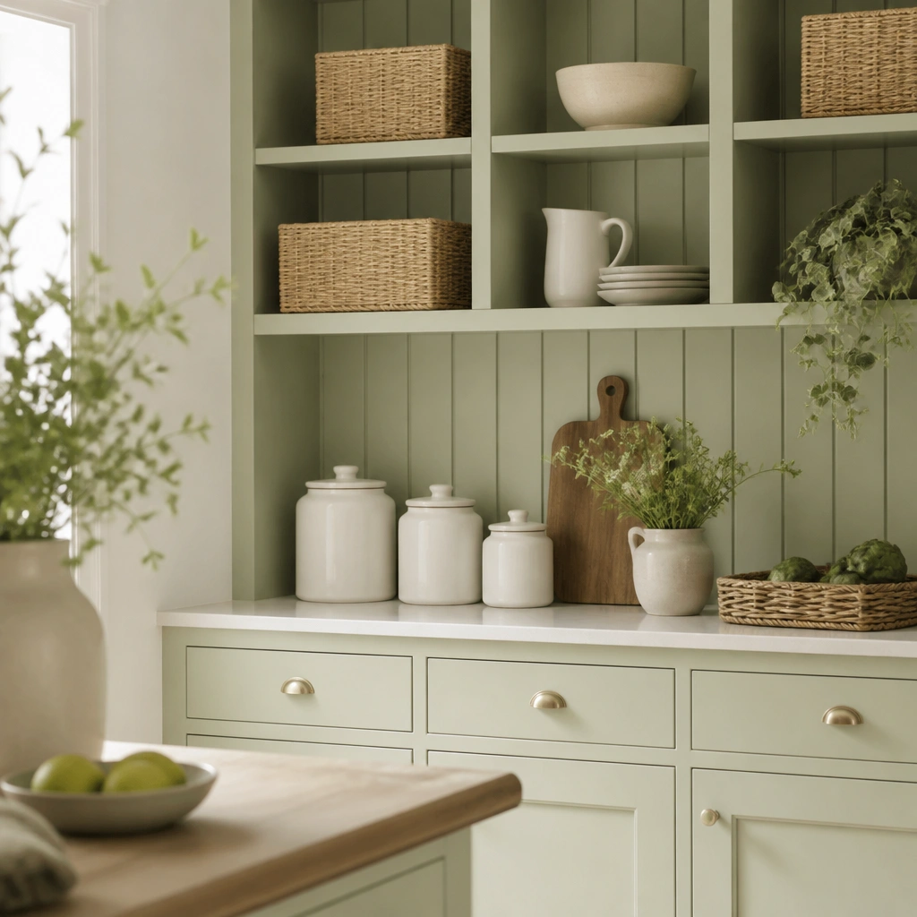 Light pistachio-warm green cabinets with open cubbies, wicker baskets on shelves, and white ceramic canisters on the counter.