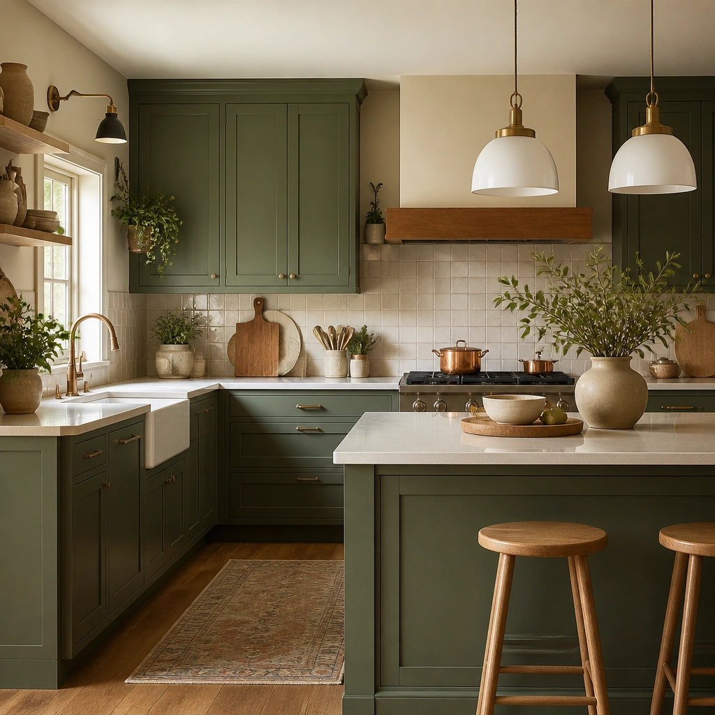 Cozy Warm Green Kitchen Cabinets for a Welcoming Home