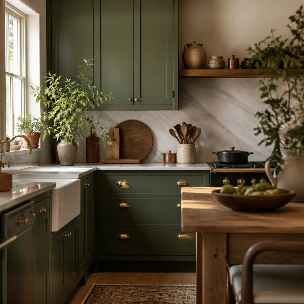 Cozy Warm Green Kitchen Cabinets for a Welcoming Home