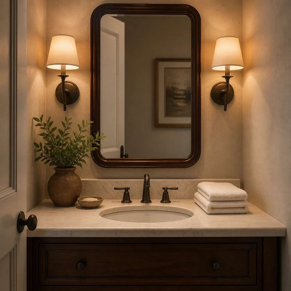 A half bathroom vanity with a warm white sconce on each side of a framed mirror; soft linen shades cast a golden glow over a cream countertop and neatly folded white towels.