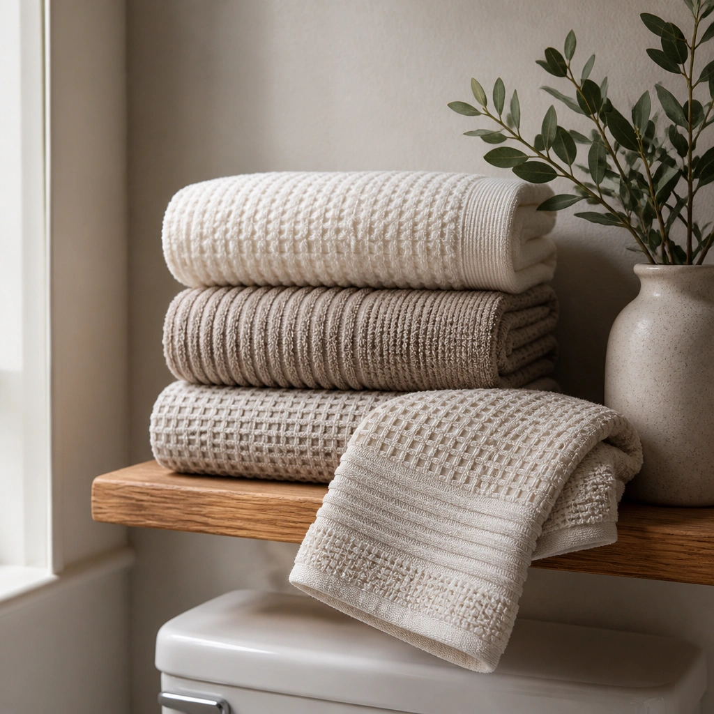 Three stacked towels in cream, warm greige, and oatmeal on a small wood shelf above the toilet; a folded hand towel sits in front with visible waffle and ribbed textures.