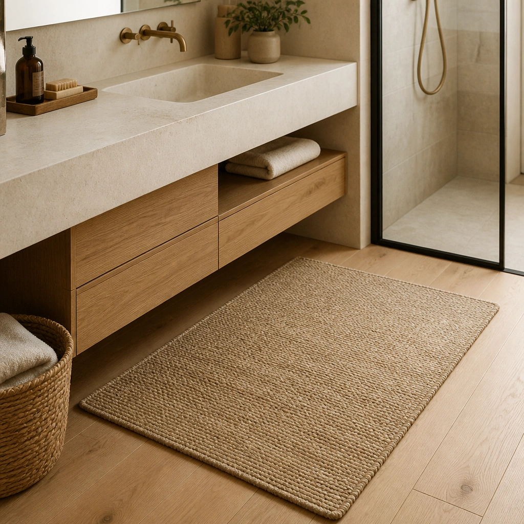 A small rectangular jute-wool blend rug under the sink area, with warm beige tones; the bathroom floor is light wood and the rug edges look stitched and slightly textured.