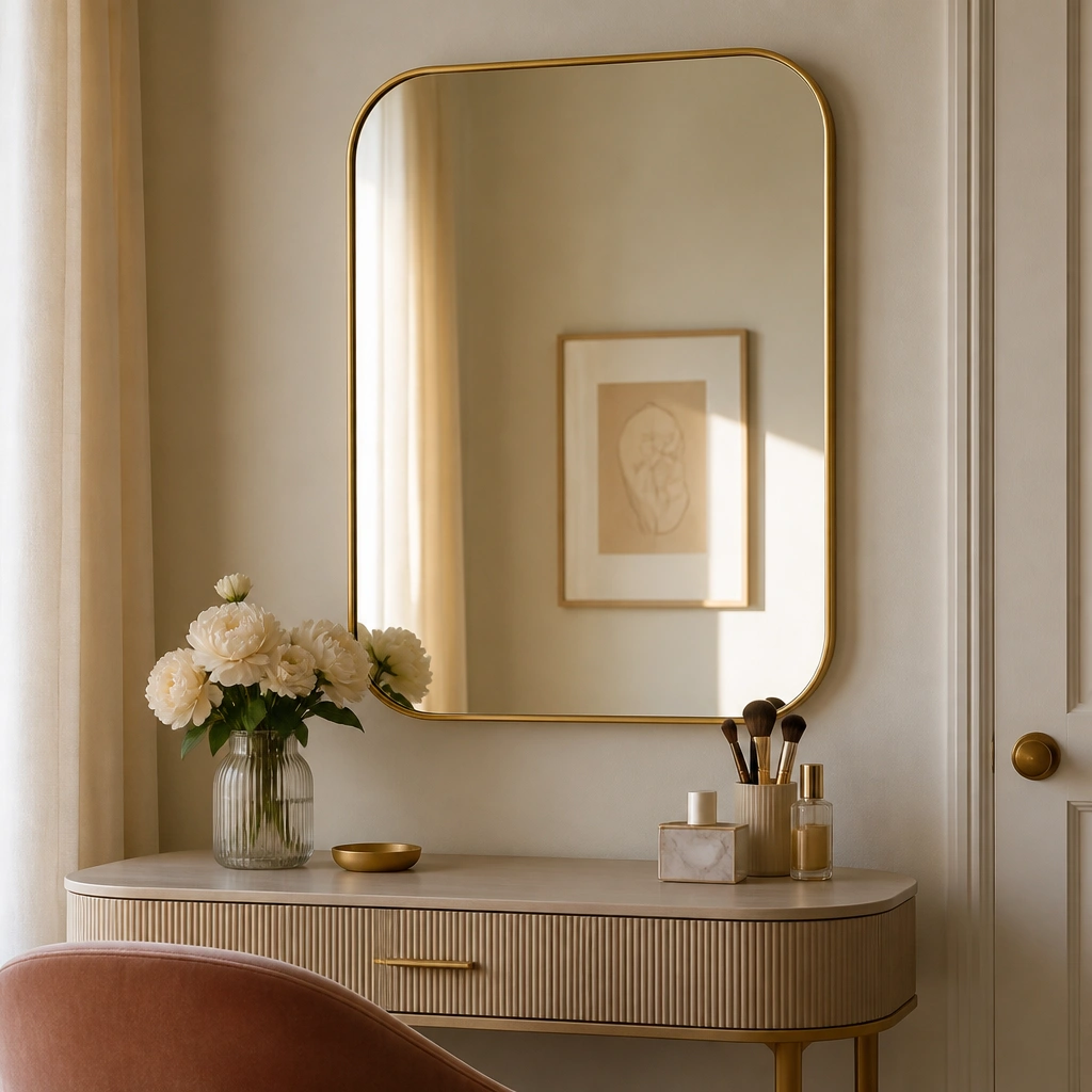 A rounded rectangular mirror with a thin warm gold frame above a small vanity; the mirror reflects warm light and shows a cream wall with a framed print.