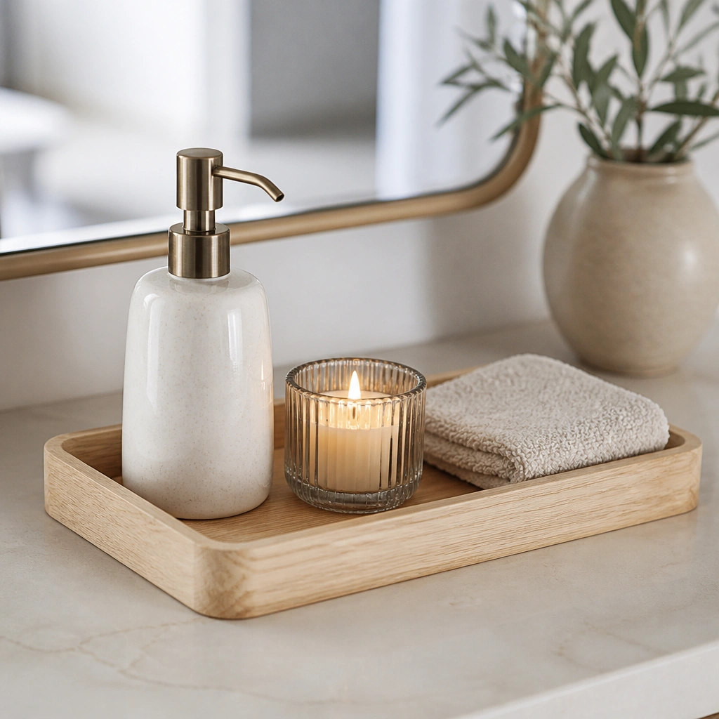 A light wood vanity tray holding a ceramic soap dispenser, a small candle in a glass holder, and a folded washcloth; the countertop is creamy and uncluttered.