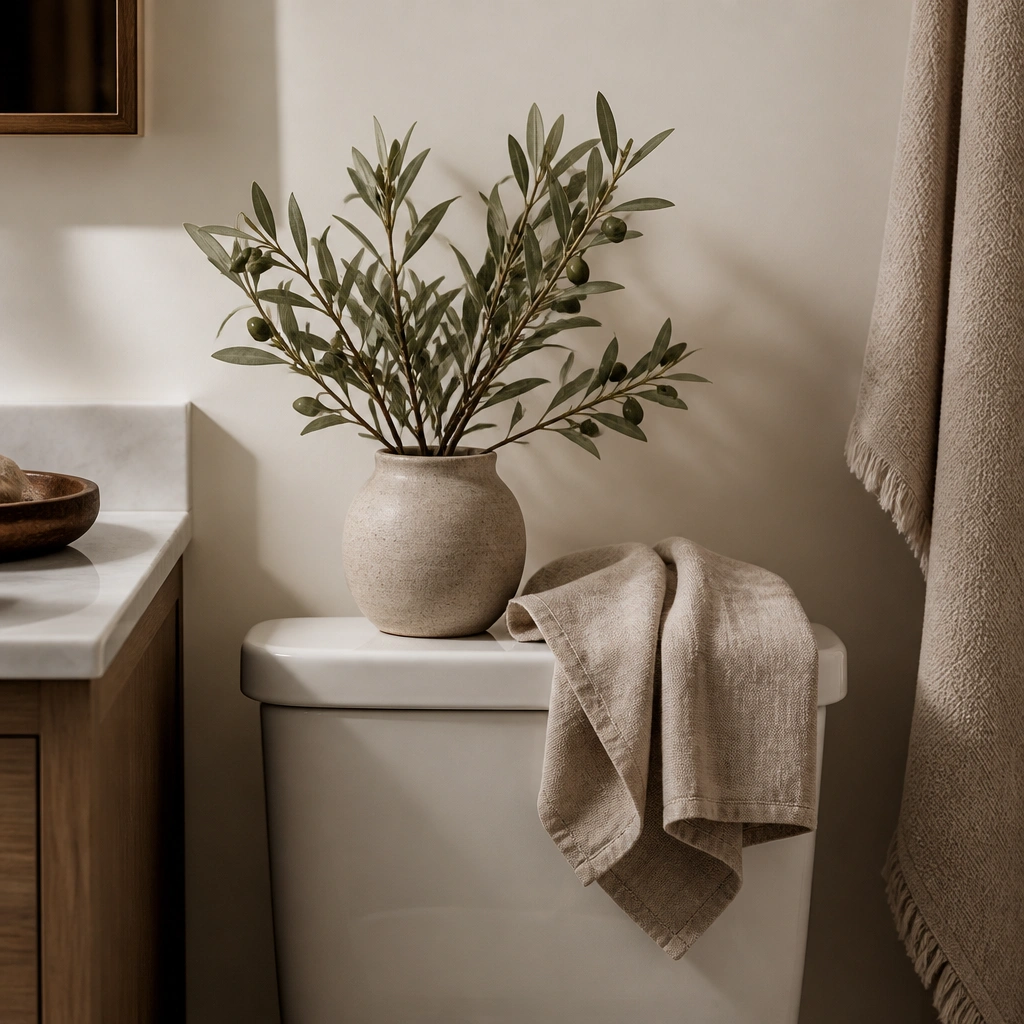 A small faux olive branch in a ceramic pot sits on top of the toilet tank; a folded linen towel drapes over the side with a warm beige color palette.