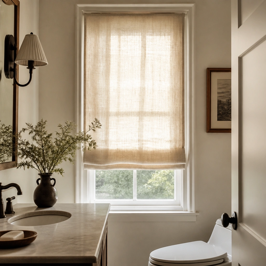 A floor-length roman shade or small curtain in warm oatmeal fabric covering a half bath window; the fabric hangs softly and lets in gentle daylight.